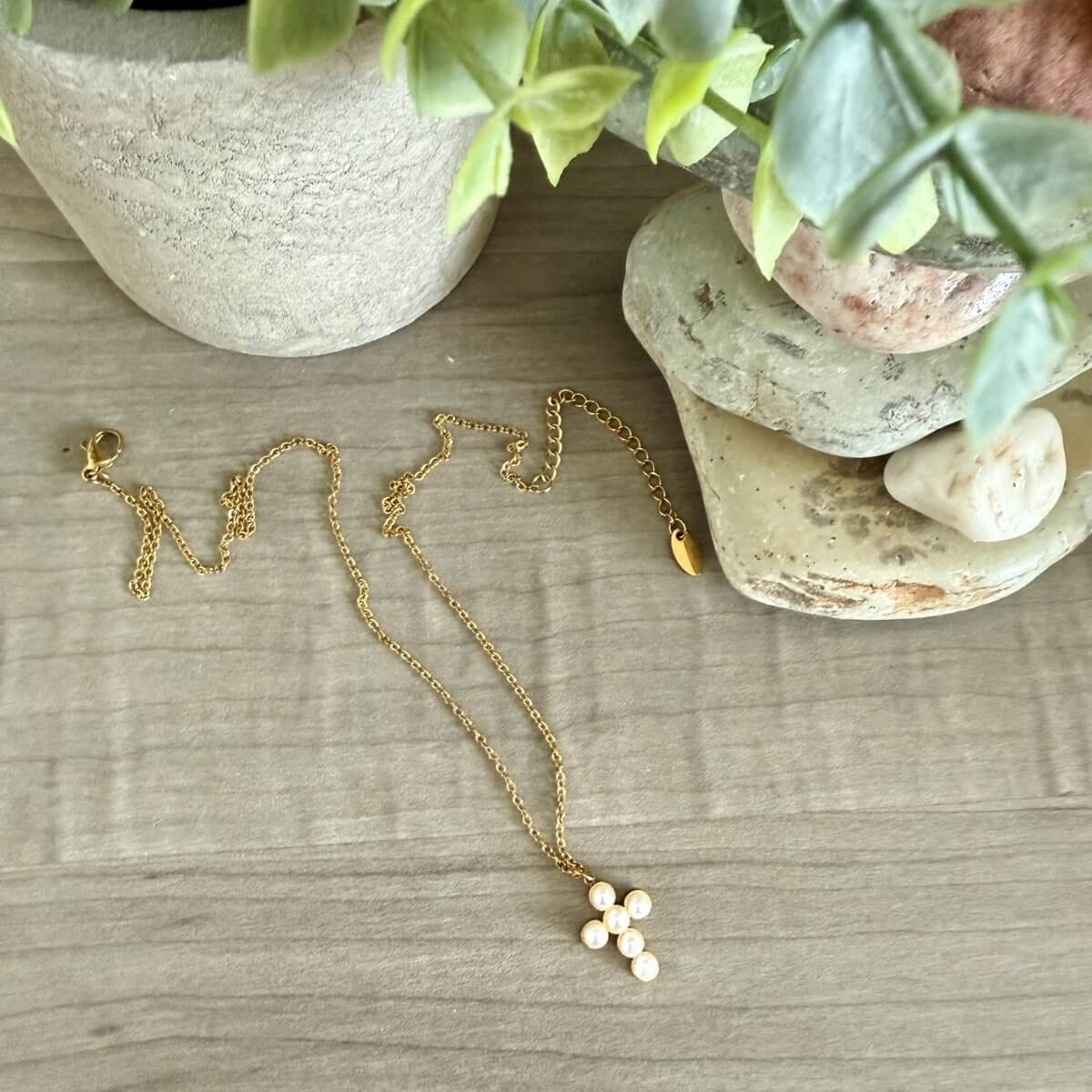 Delicate Pearl Cross Necklace
